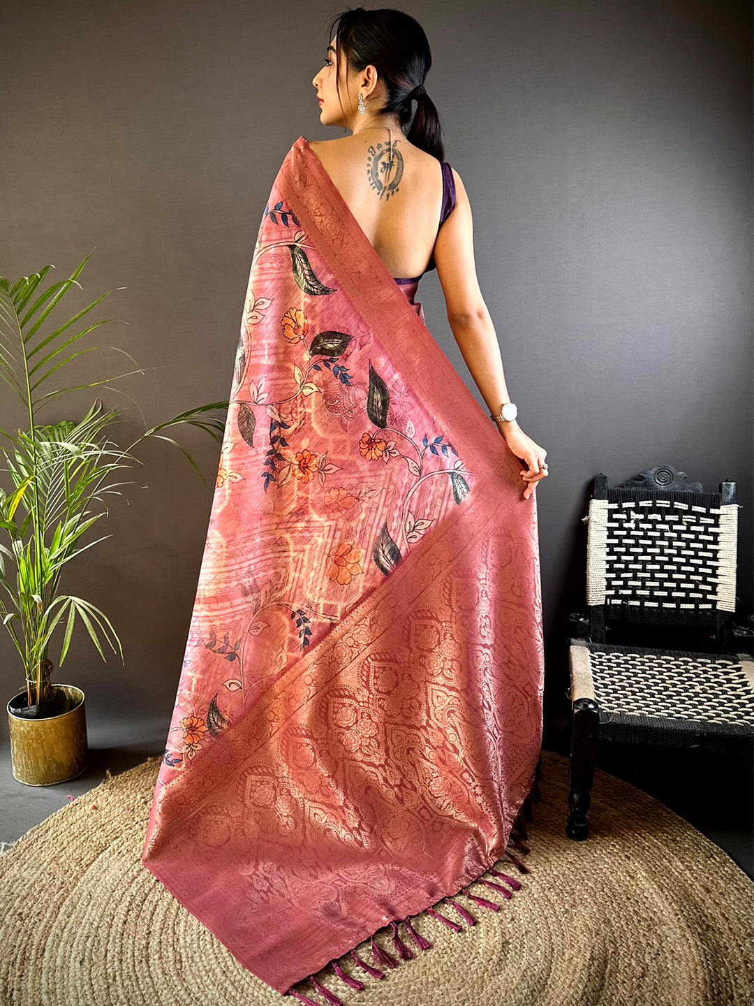 Peach Banarasi Kalamkari Print Saree