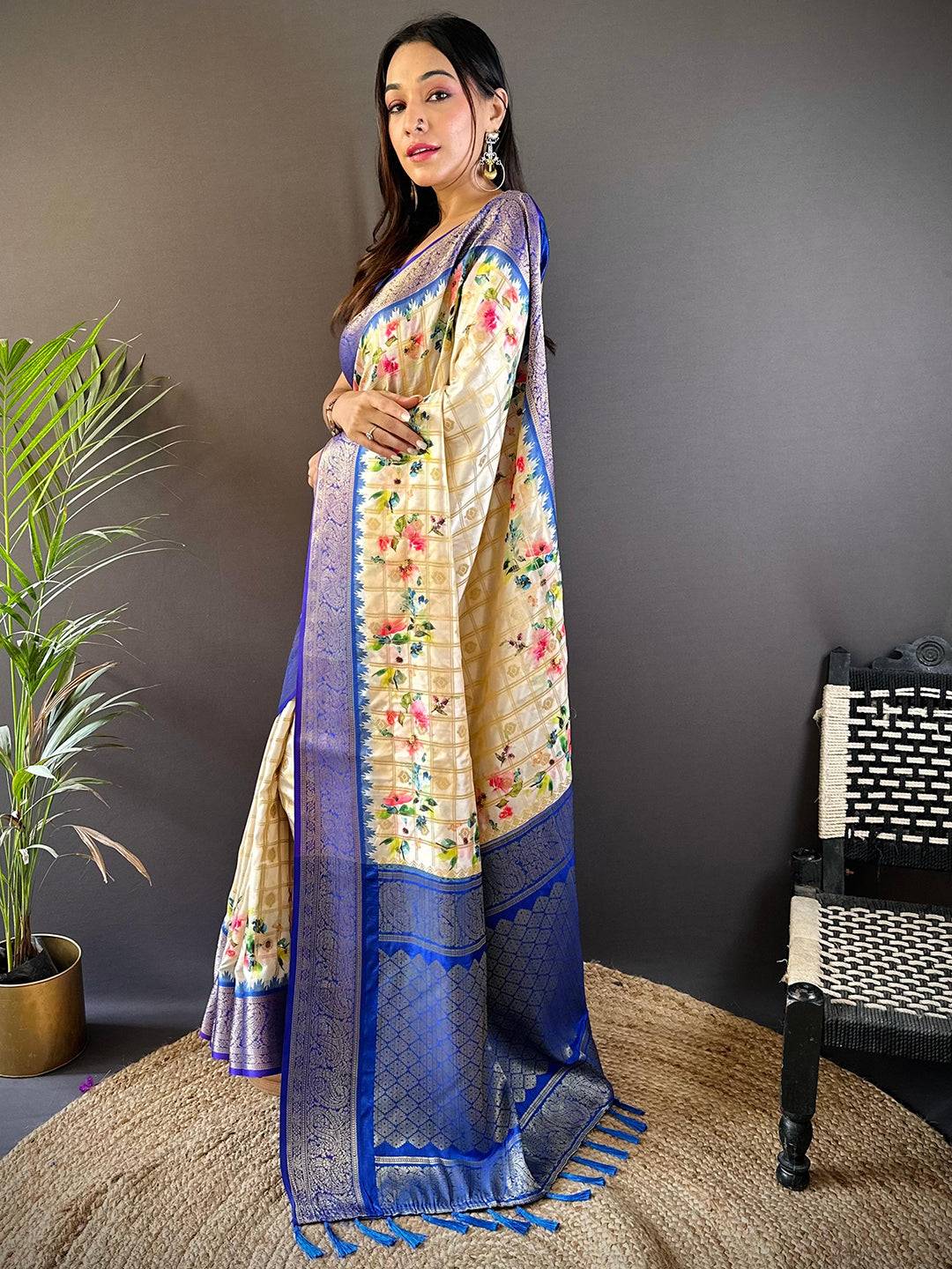 Blue Kovai Rettapet Border Digital Print Saree