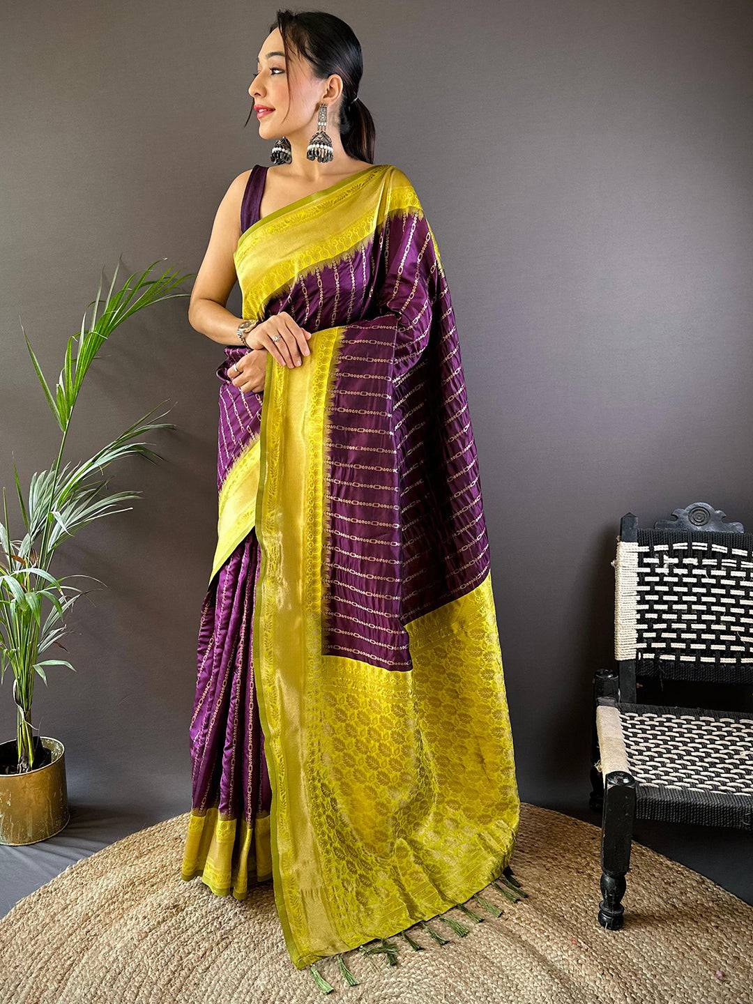 Wine Elegance With Golden Chain Motifs Saree