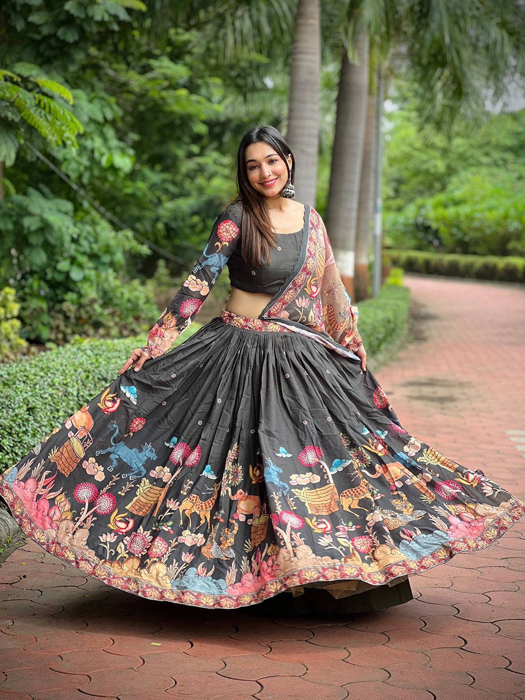 Olive Green Kalamkari Lehenga Set