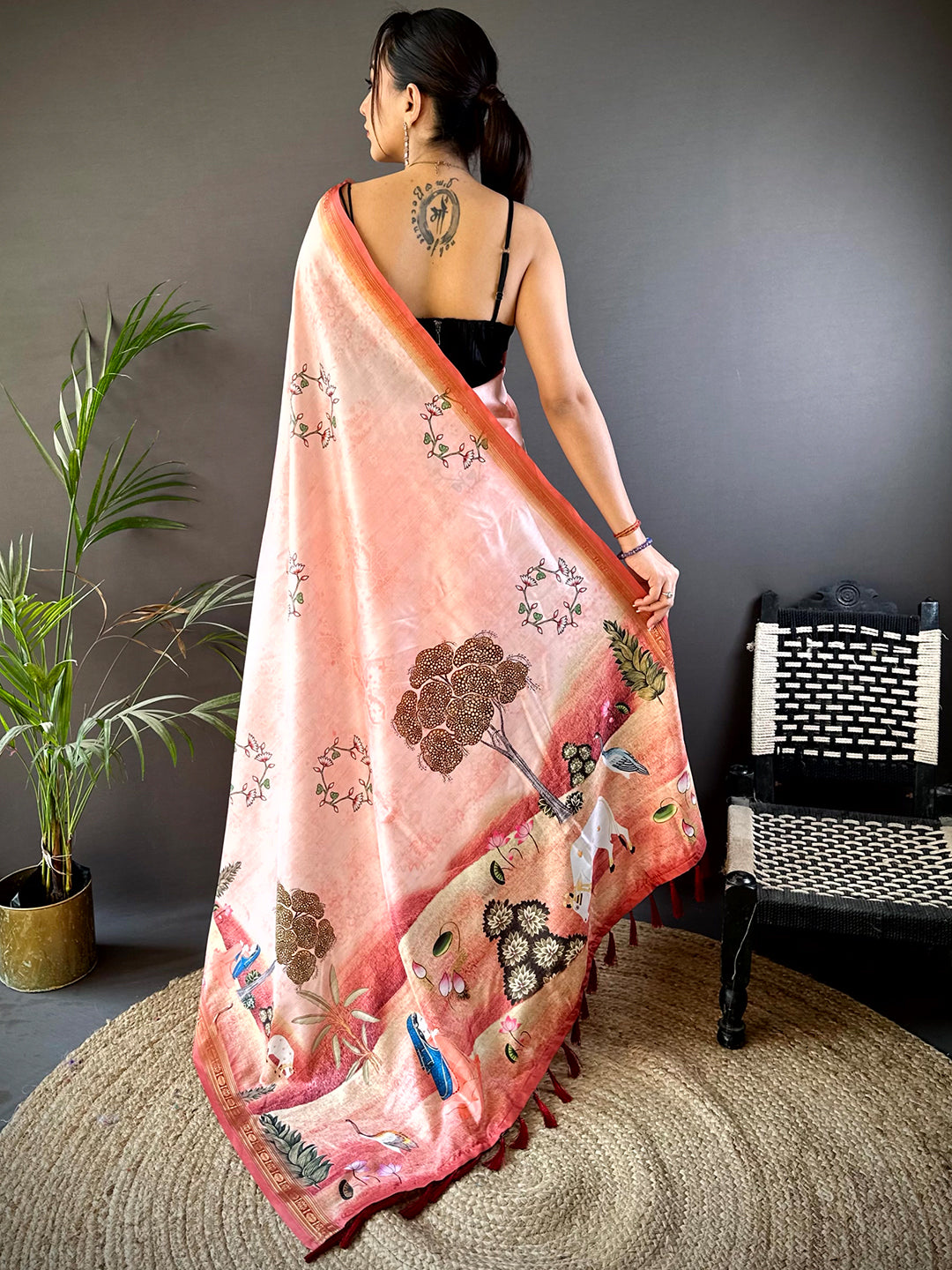 Baby Pink Jungle Printed Silk Saree