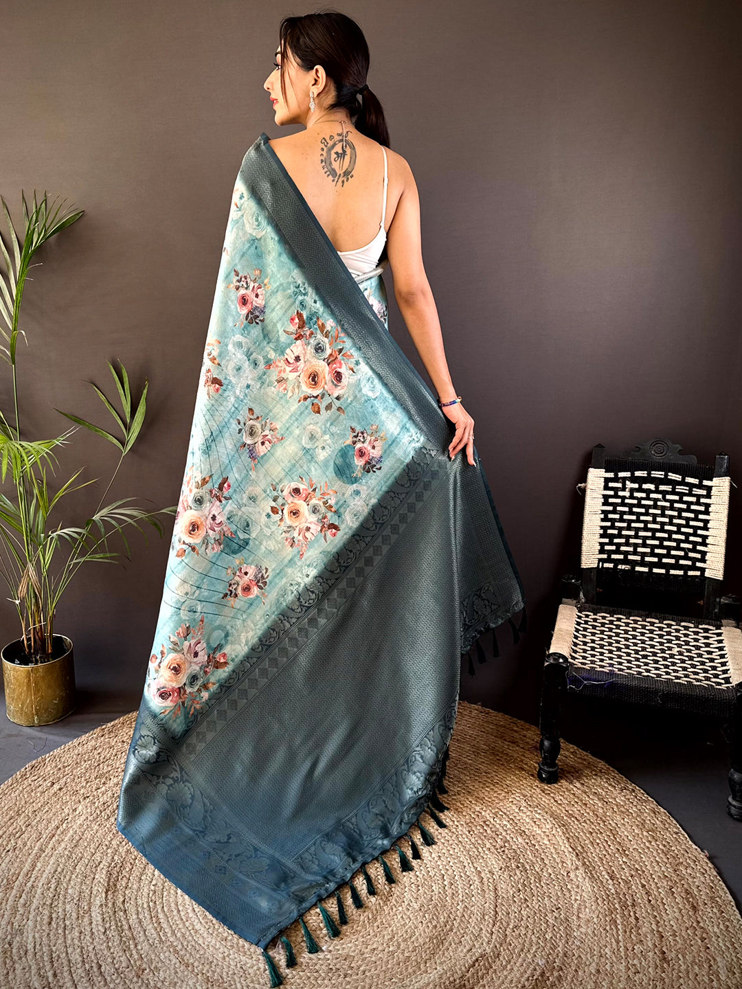 Teal Kanjivaram Digital Silk Saree