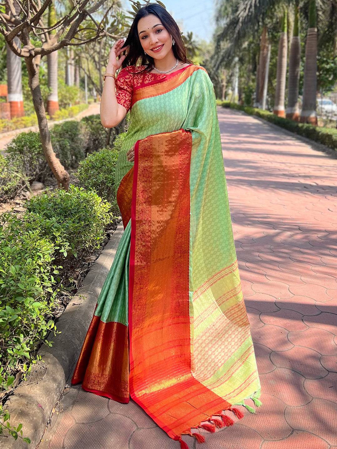 Elegant Pista Kanjivaram Saree with Red Brocade Zari Blouse