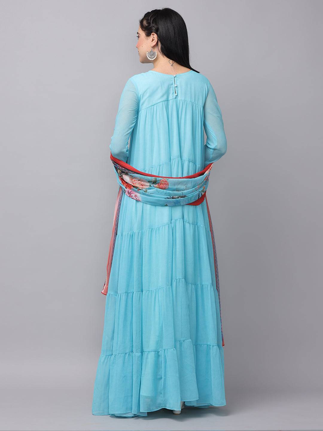 Powder Blue Long Dress With Dupatta