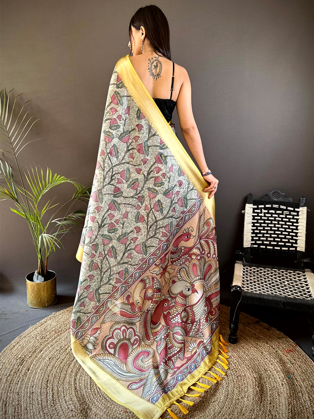 Mint Green Kota Doriya Floral Kalamkari Print Saree