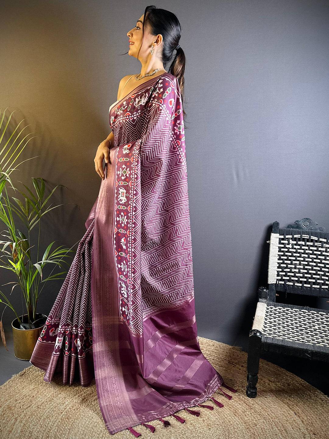 Dark Burgundy Zig Zag Kalamkari Kanchi Silk Saree