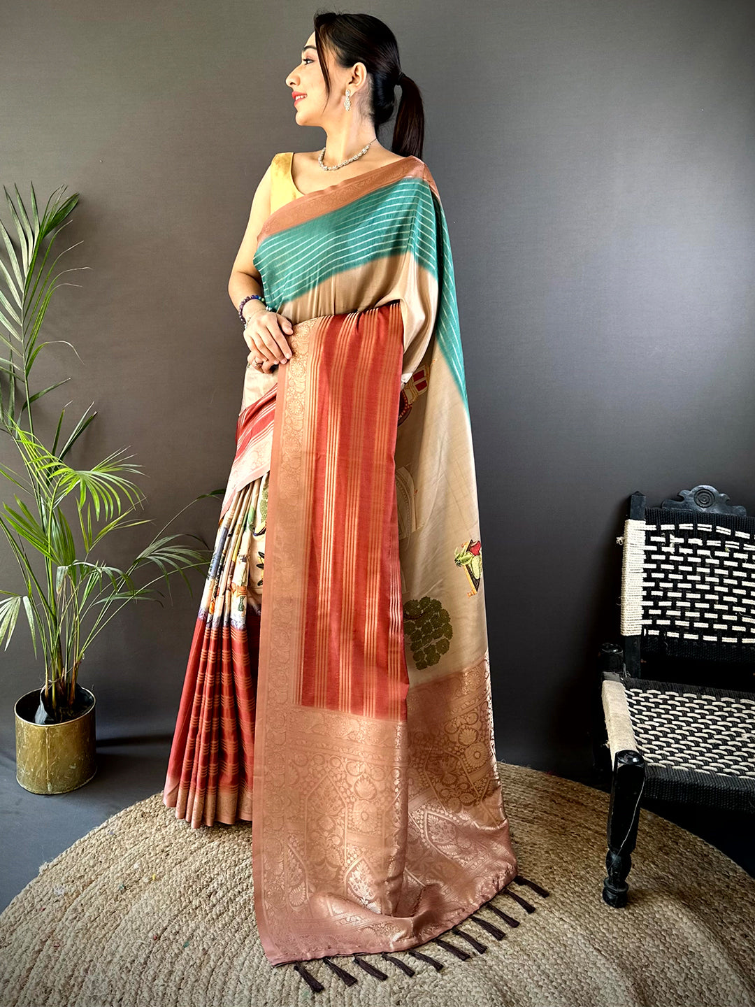 Teal Soft Crep Silk Ombre Print Saree