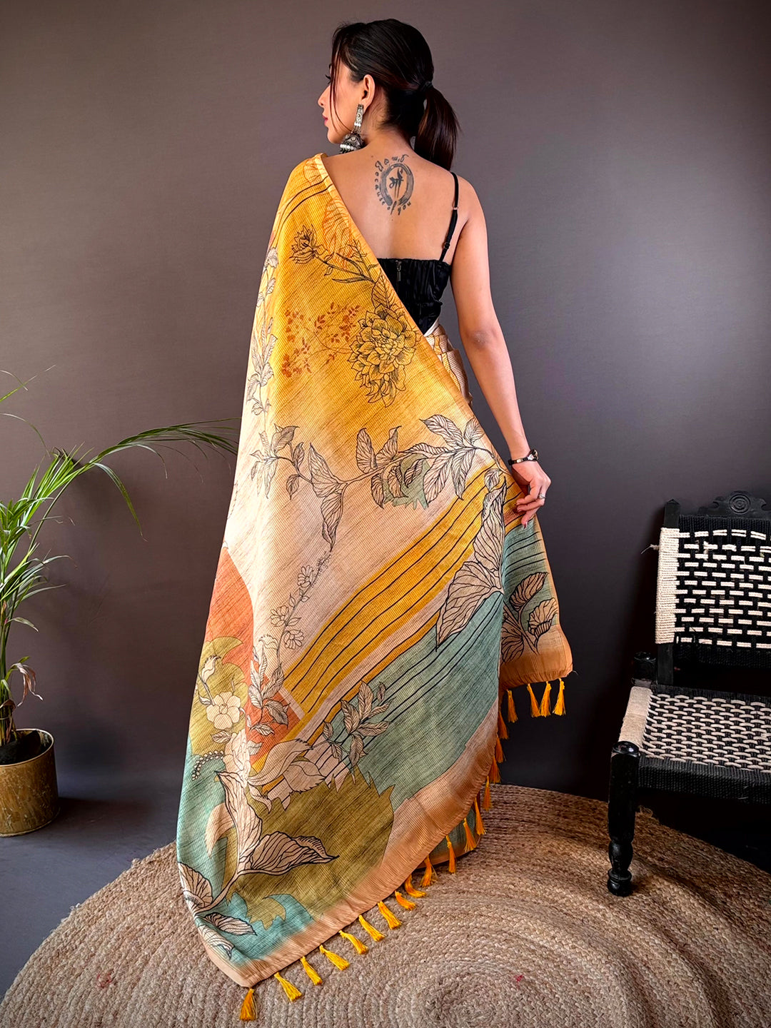 Back view of Yellow Abstract Floral Zari Tussar Saree