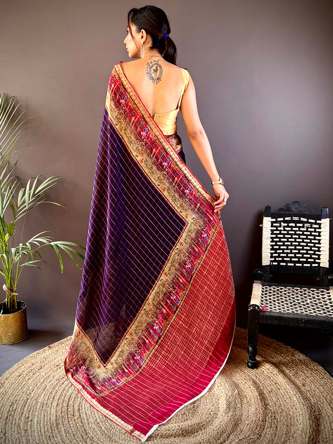 Indigo Chinnon Chiffon Kalamkari Saree