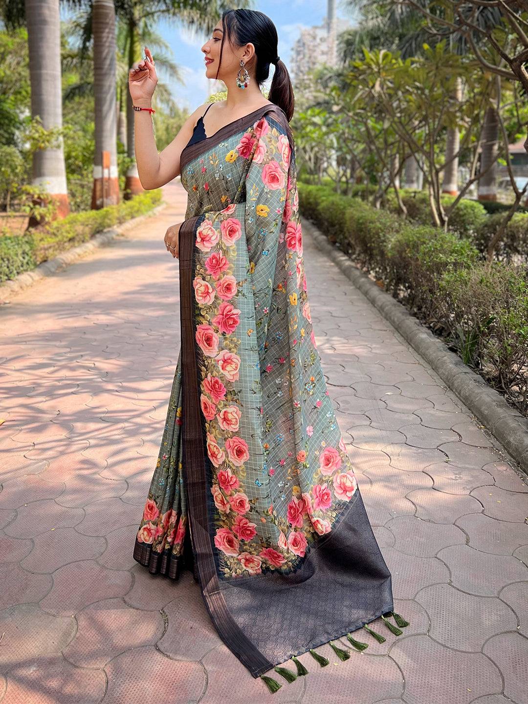 Teal Soft Silk Copper Zari Weaving Digital floral saree