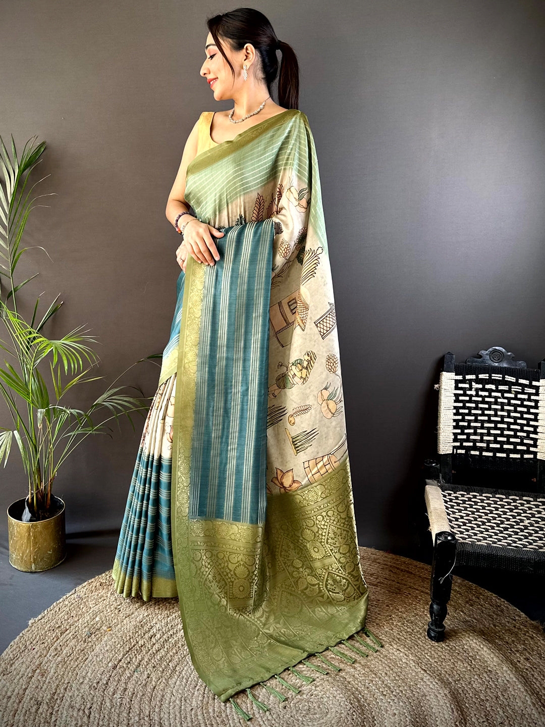 Pista Soft Crep Silk Ombre Print Saree