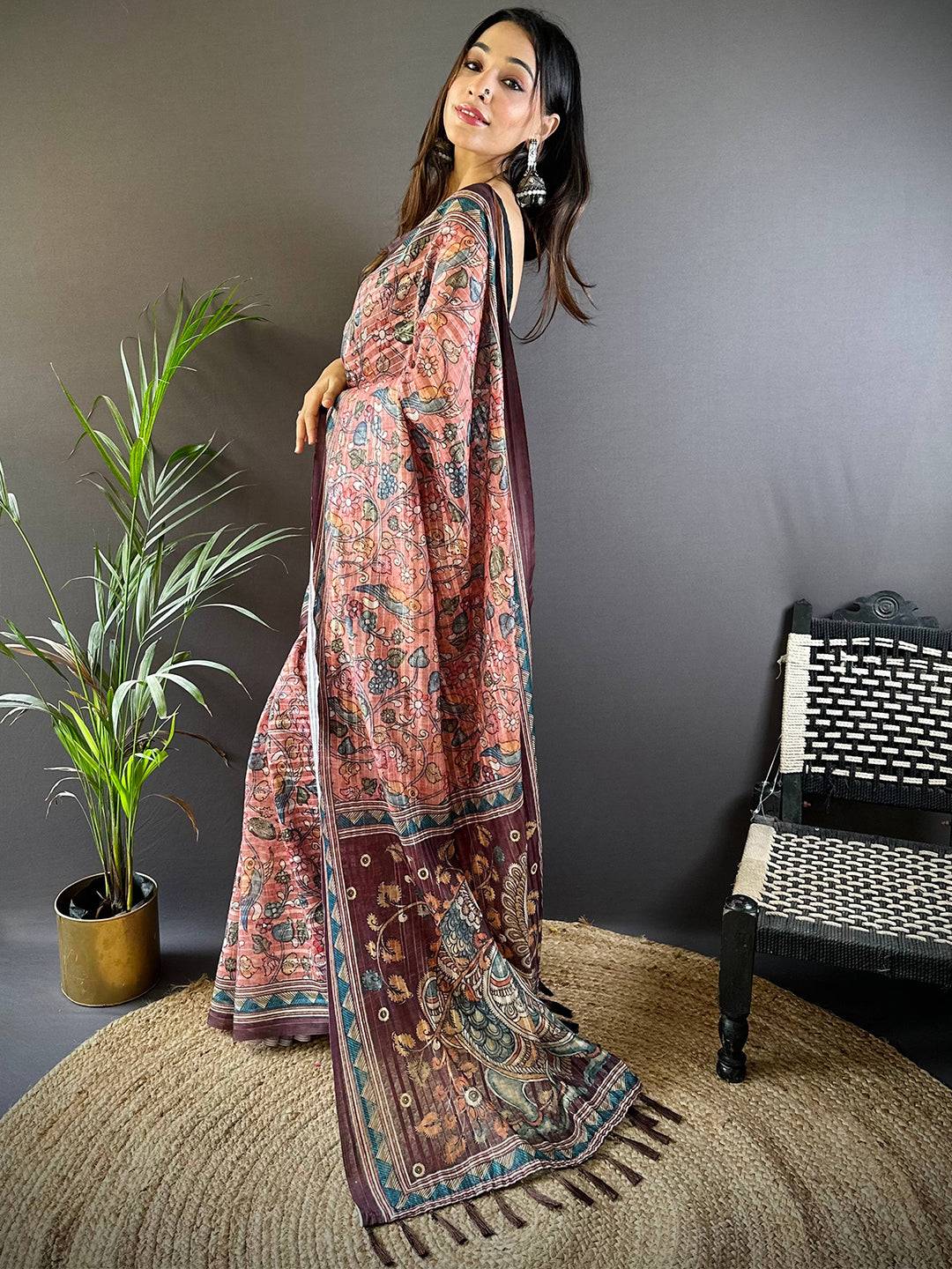 Rust Kalamkari Stripes Chanderi Saree