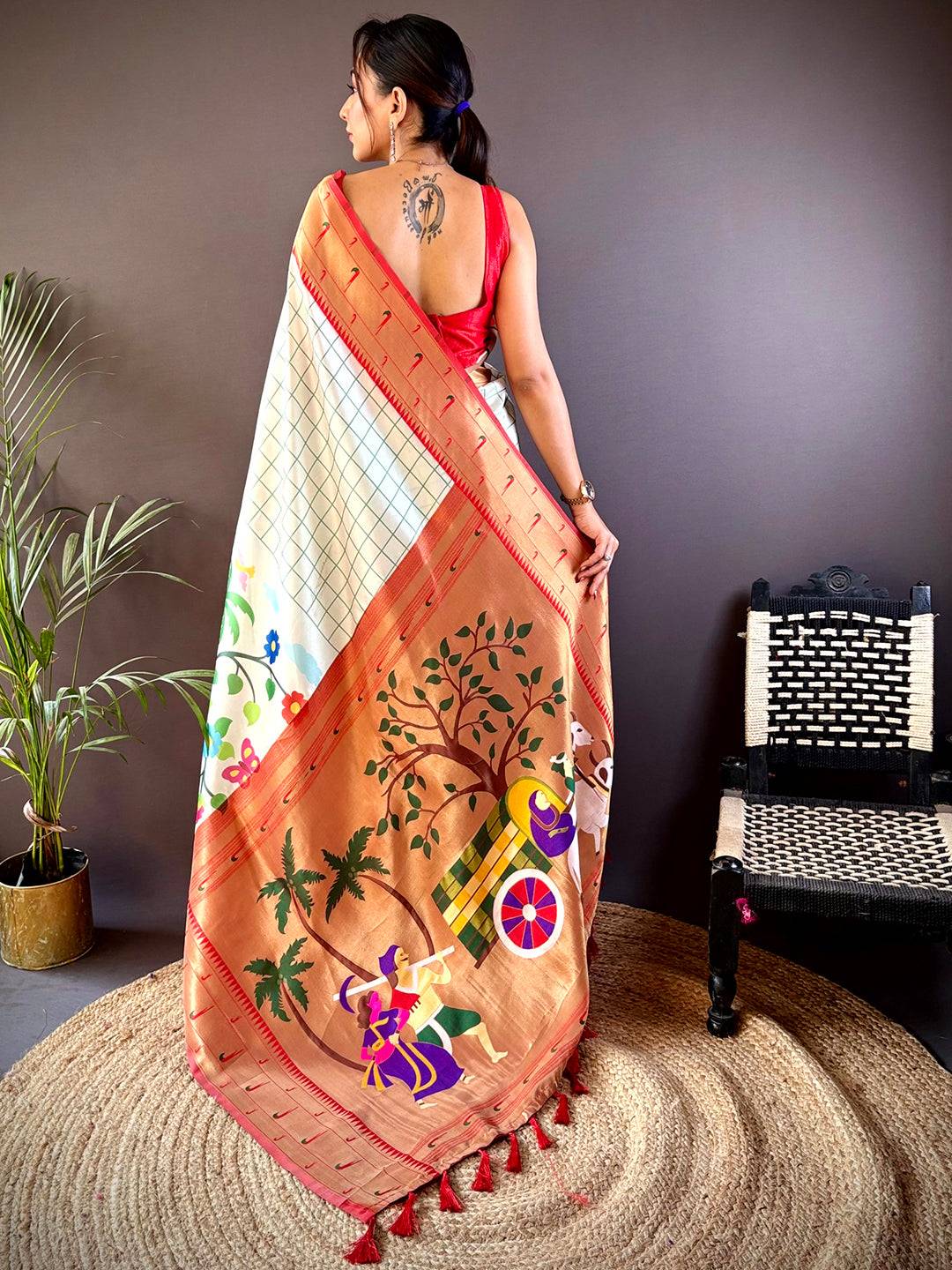 White Minakari Soft Silk Check Print Saree