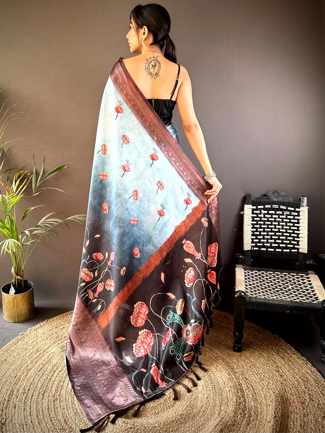 Light Blue Soft Silk Floral Ombre Print Saree