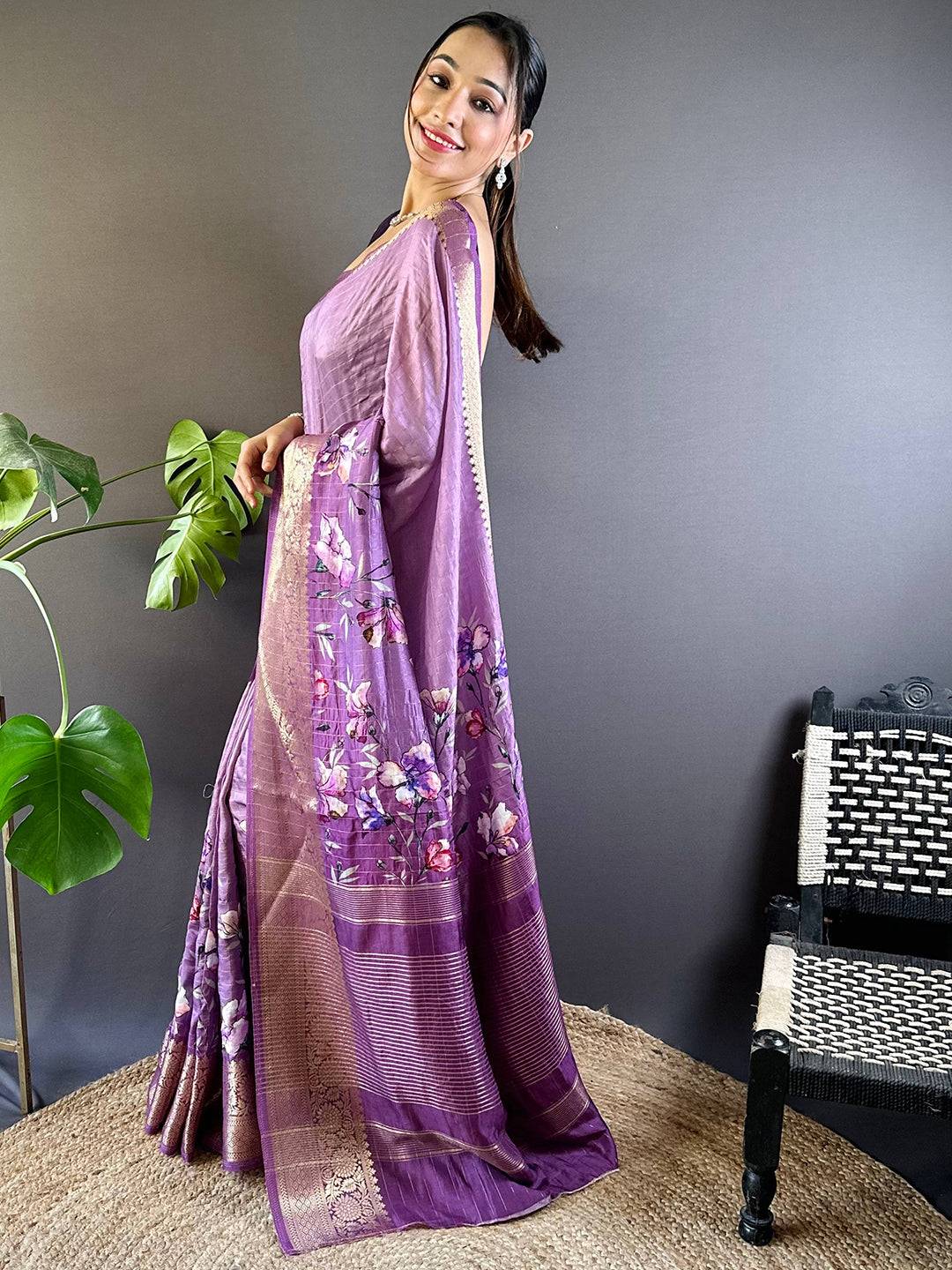 Lavender Floral Zari Chex Saree