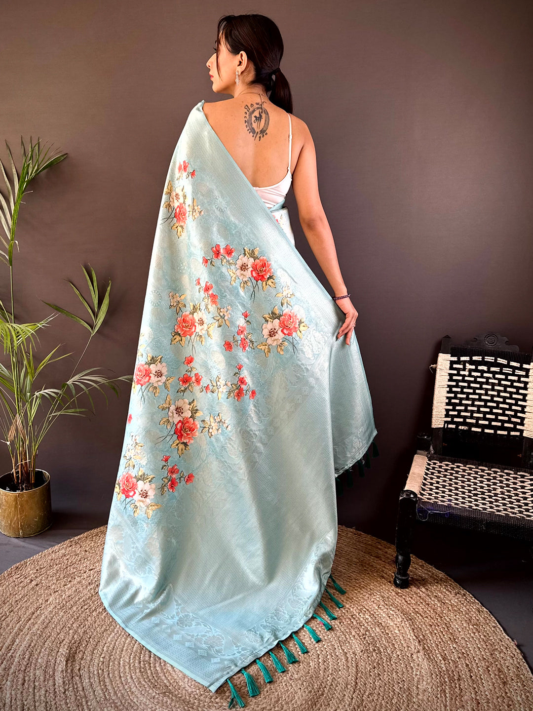 Aqua Kanjivaram Digital Silk Saree