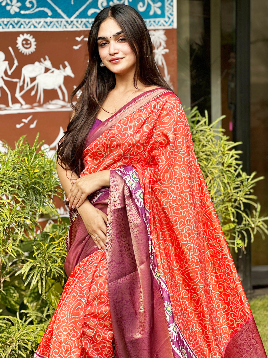 Orange Colour Soft Silk Bandhej Ikkat Printed Saree