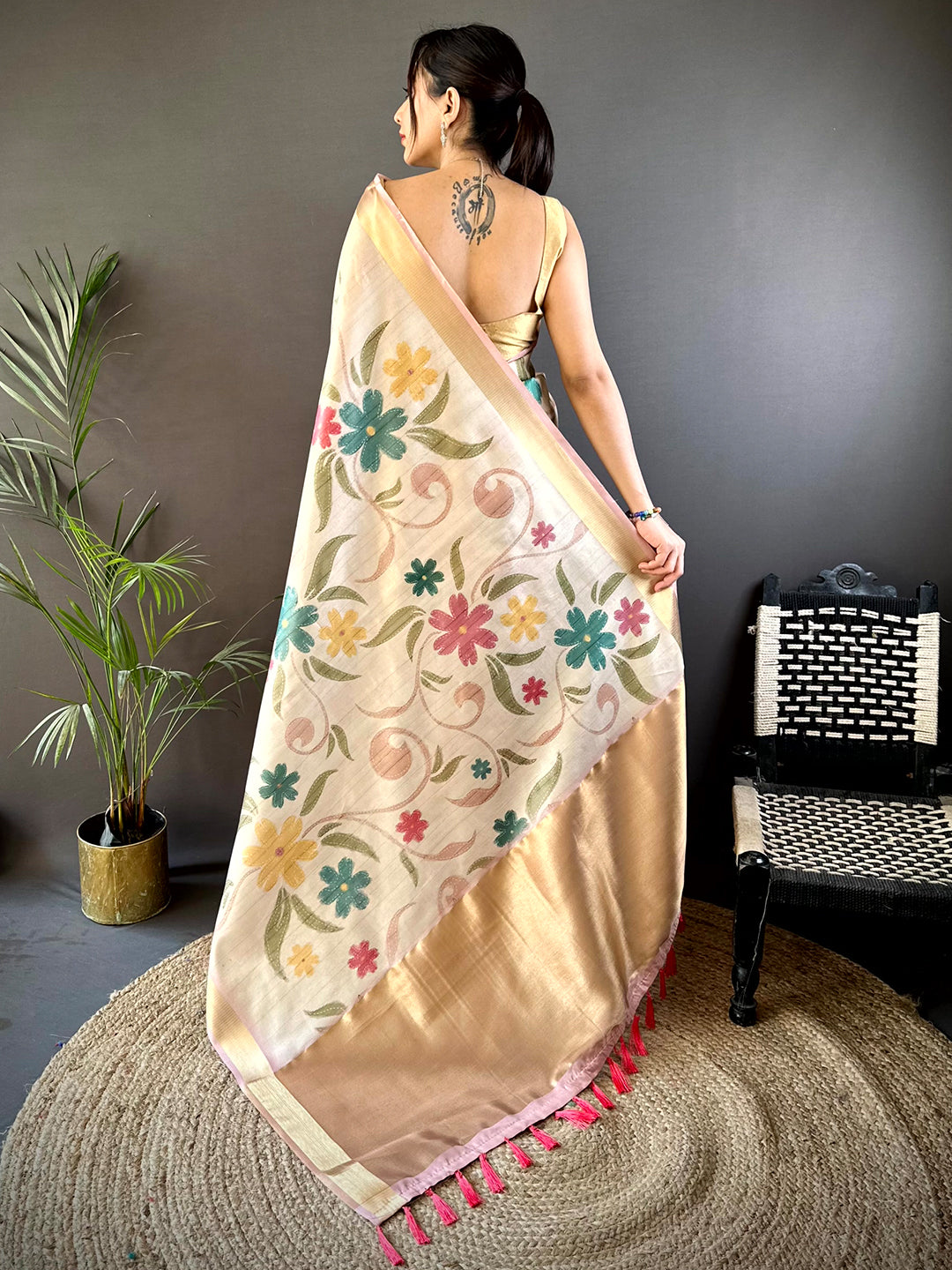 Light Cream Soft Silk Tissue Floral Print Saree