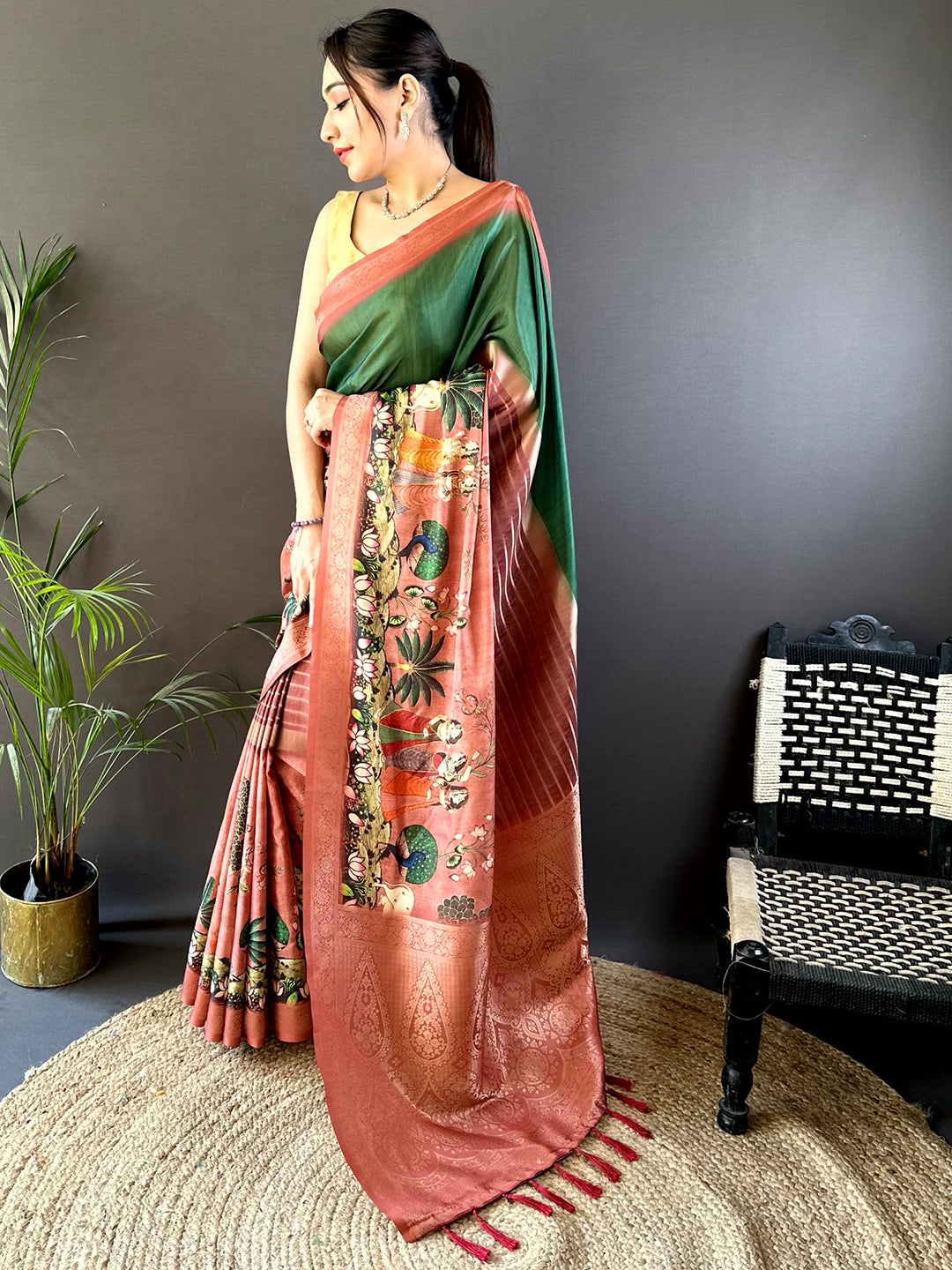 Dark Green Kalamkari Ombre Soft Silk Saree