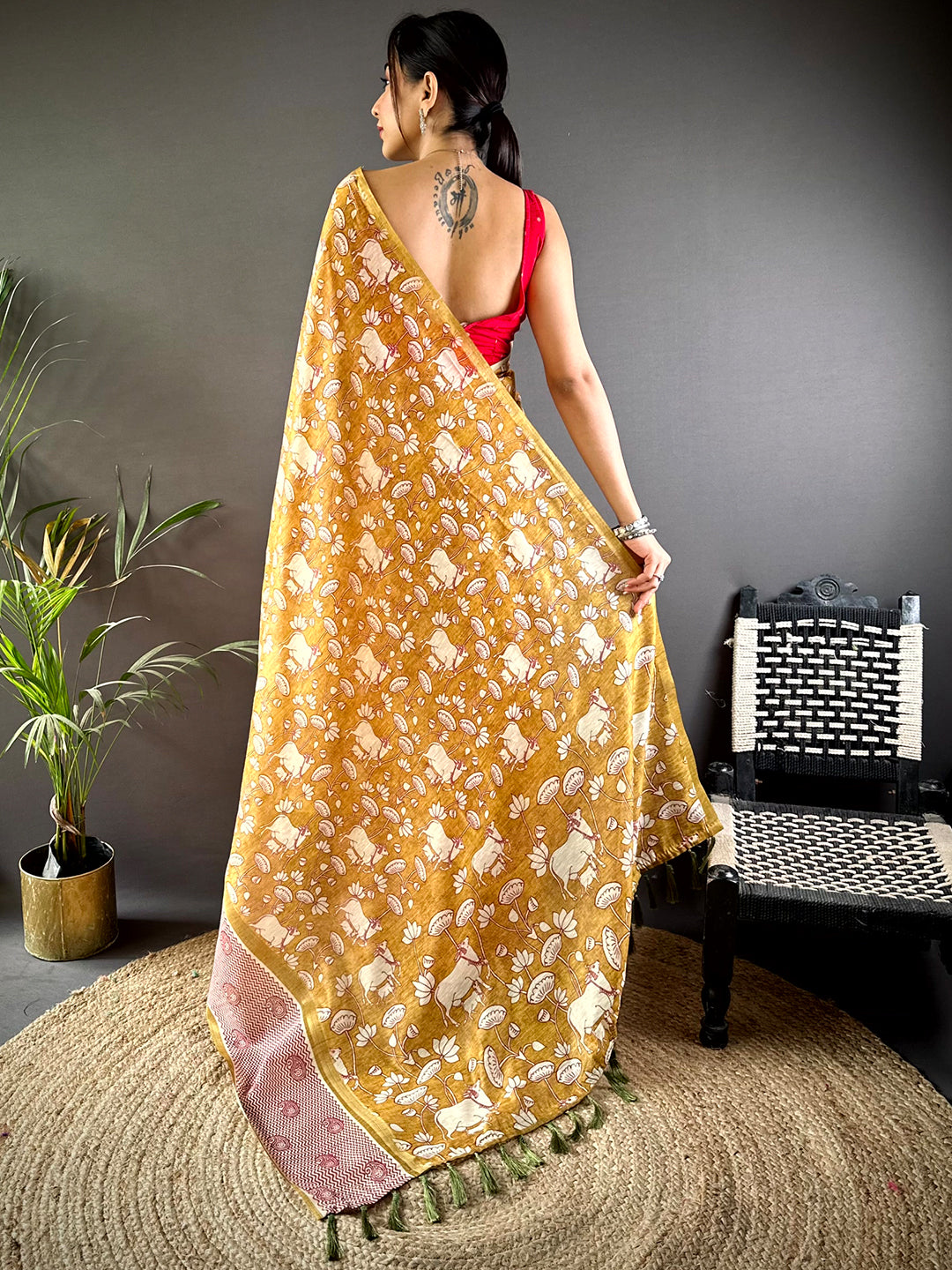 Yellow Chanderi Pichwai Digital Print Saree