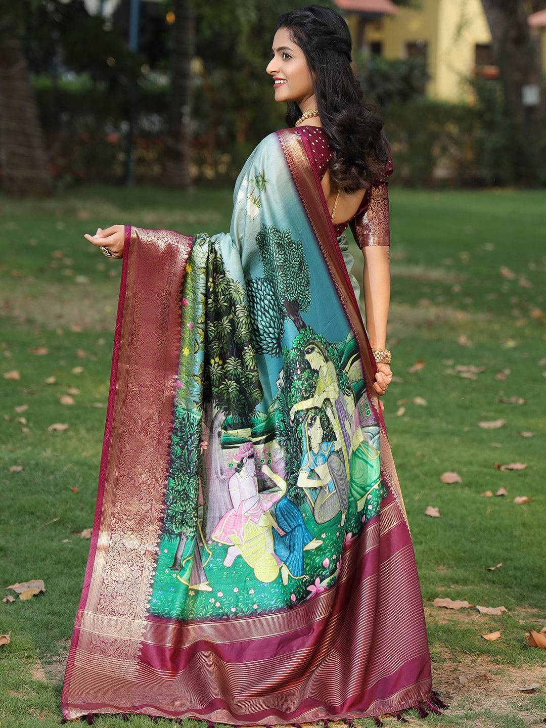 Viscose Dola Silk Sky Blue Saree with Floral & Mughal Print