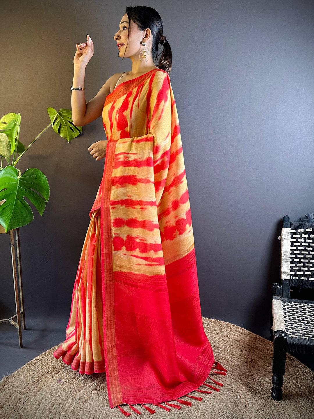 Marigold Shibori Print Linen Saree