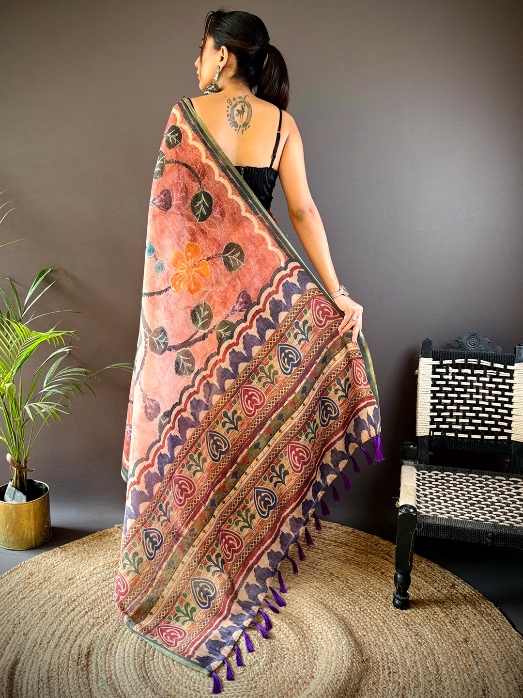 Rust Brown Folklore Tissue Chanderi Saree