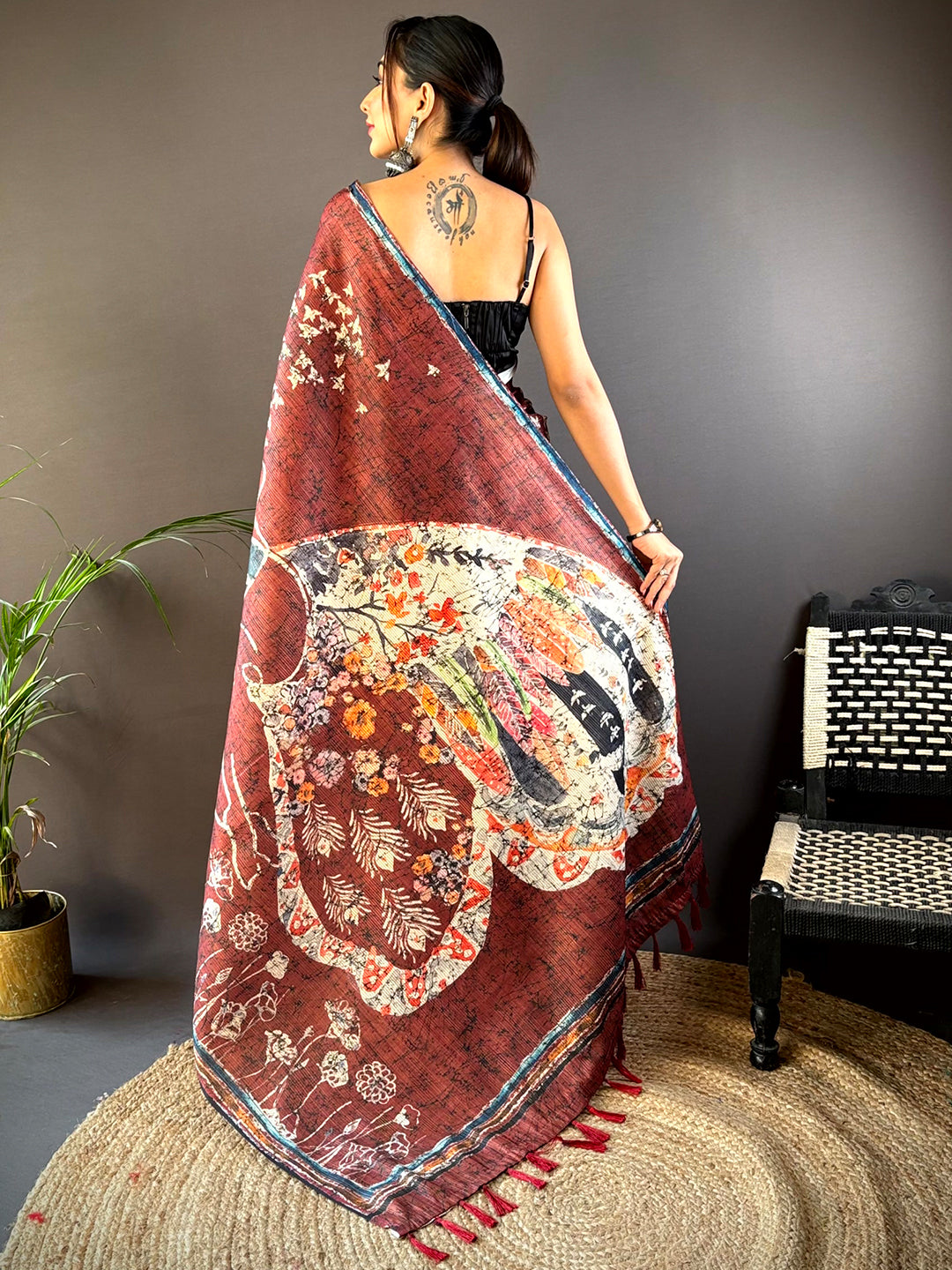 Wine Monochromatic Botanical Print Saree