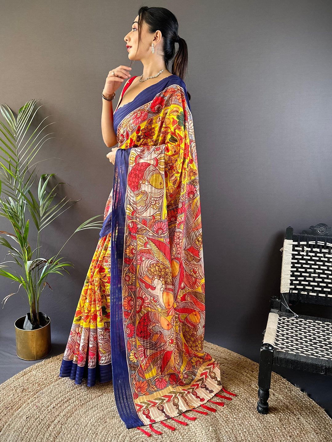 Sunshine Yellow Pen Kalamkari Linen Saree