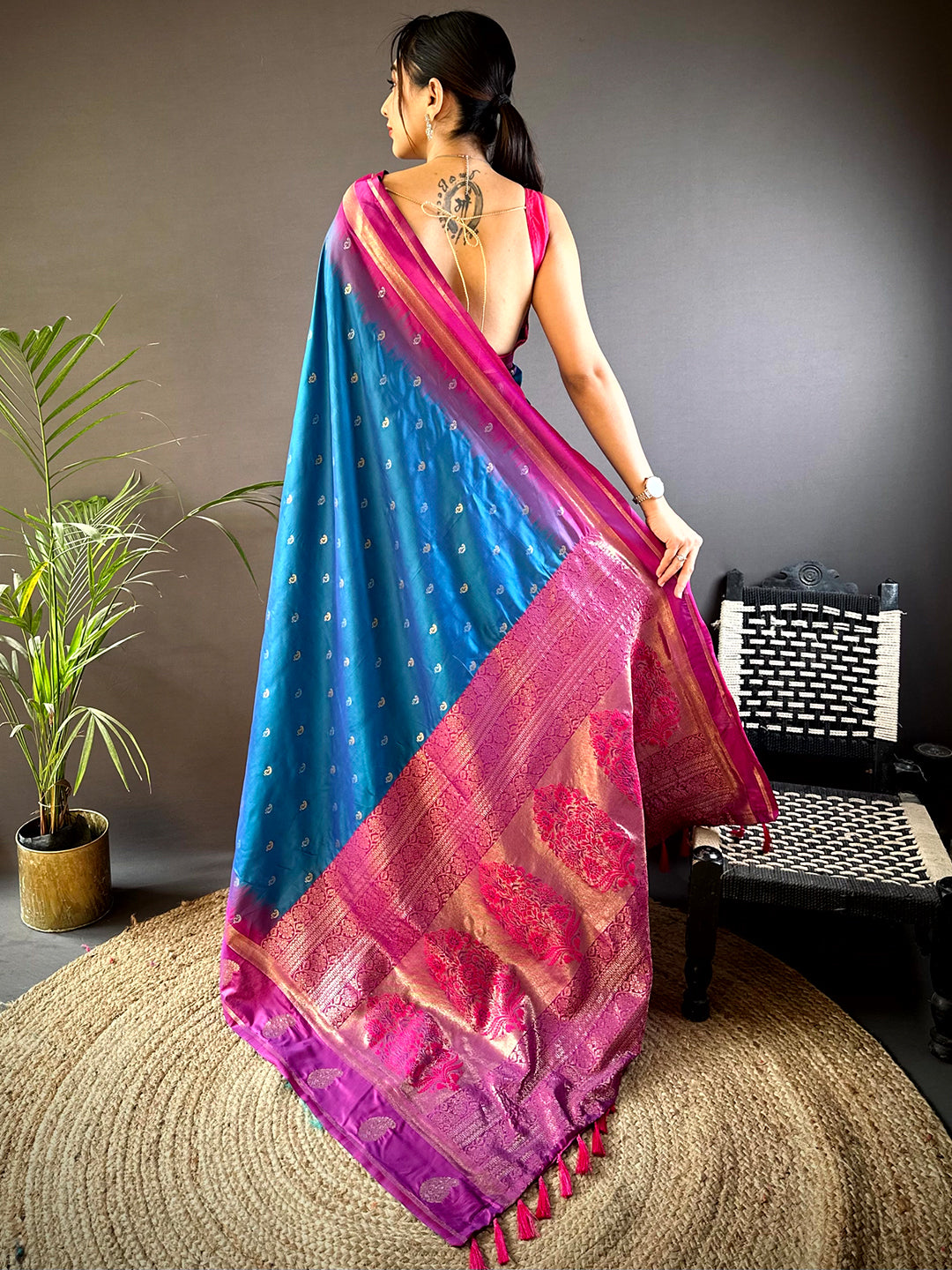 Blue Cationic Soft Silk Saree