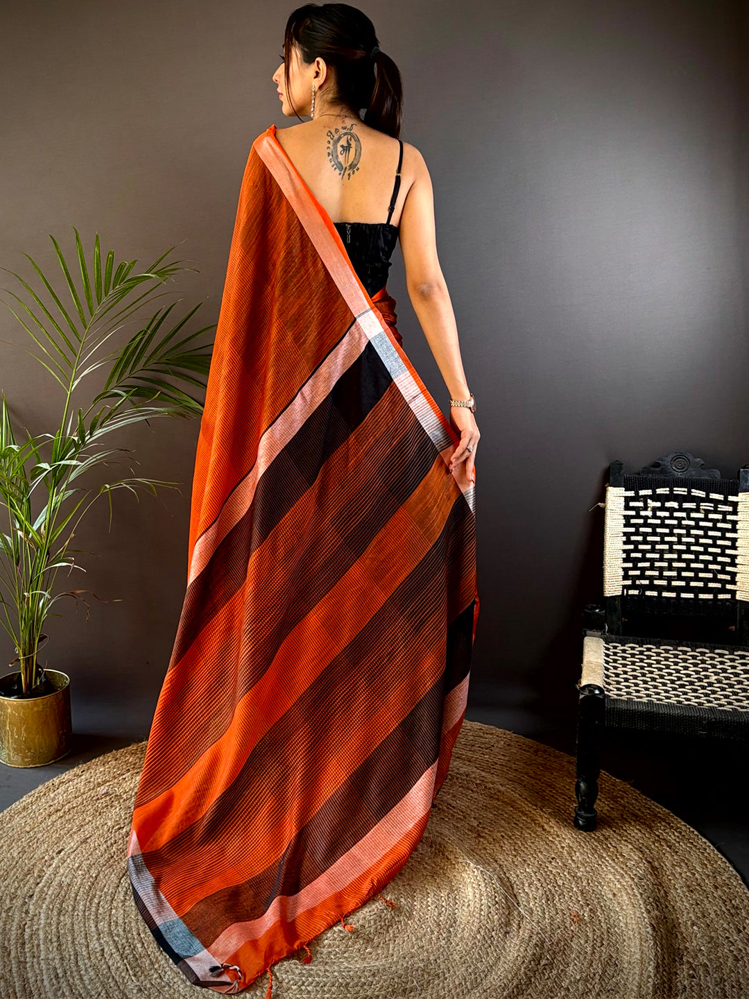 Orange Stylish Linen Saree With Zari Border