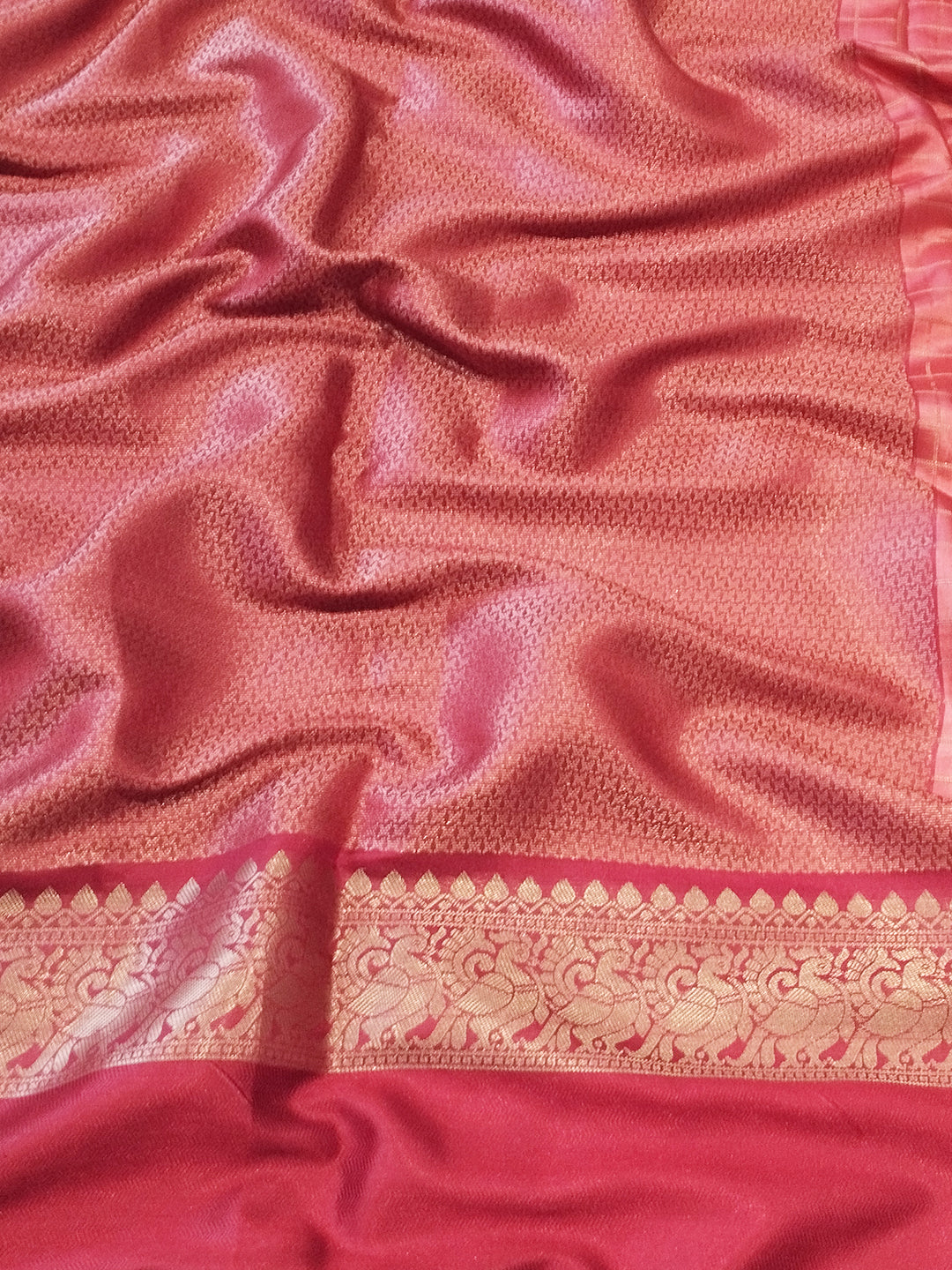 Peach Colour Double Border Chex Weaving Banarasi Soft Silk Saree