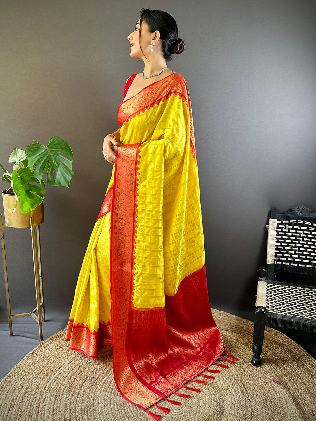 Side view of Sunshine Yellow Kovai Banarasi Silk Saree