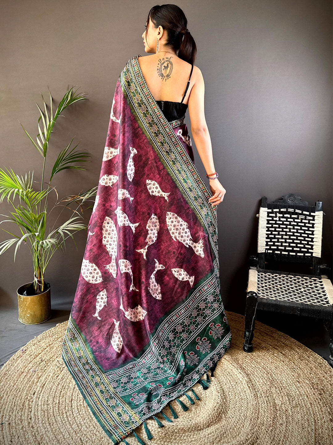 Dark Wine Soft Silk Fish Kalamkari Saree