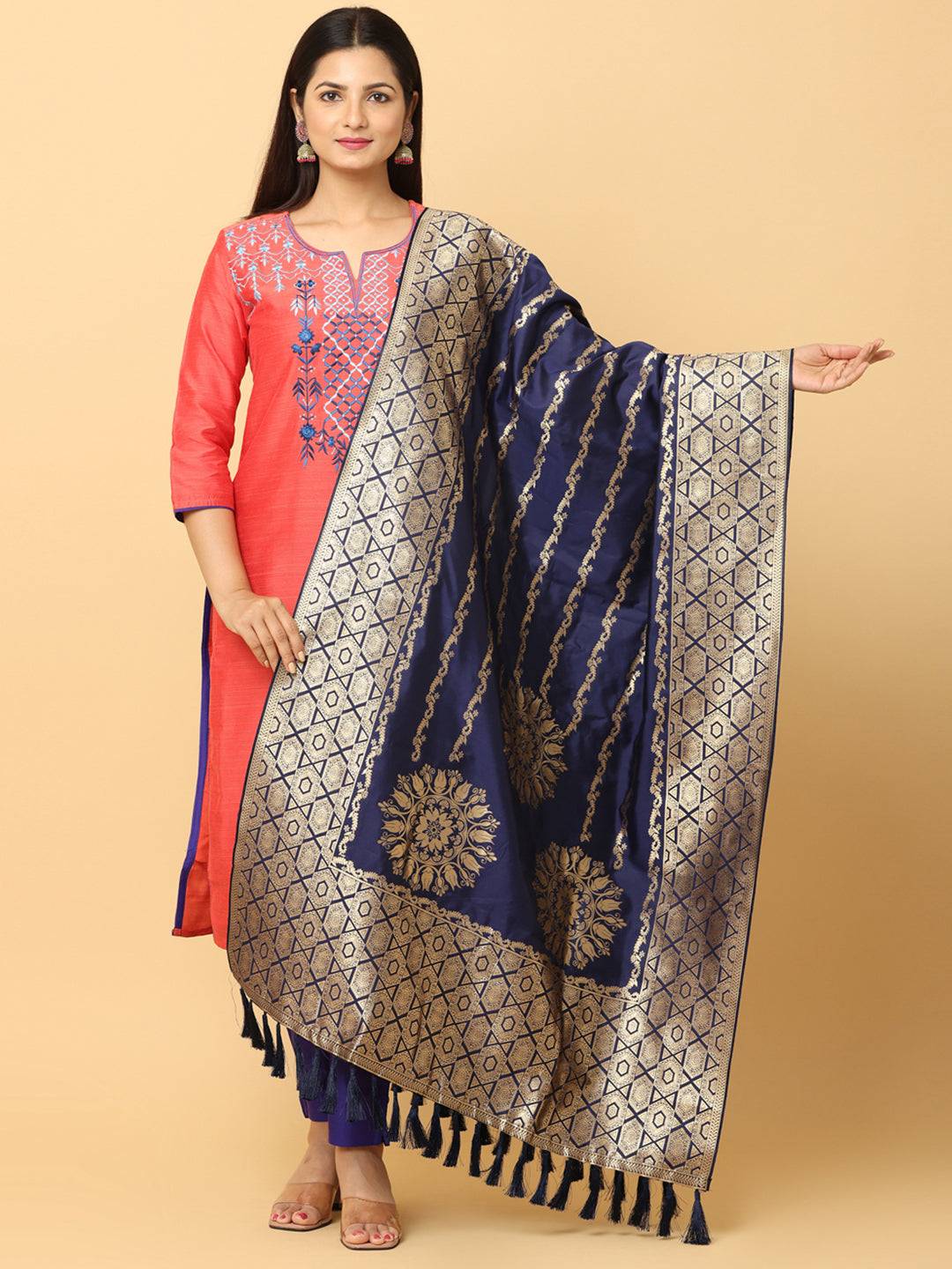 Silk blend navy dupatta with intricate woven design.