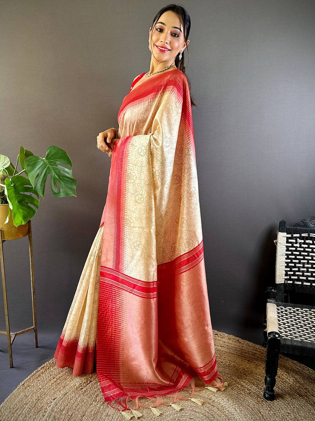 Beige Floral Tussar Silk Saree