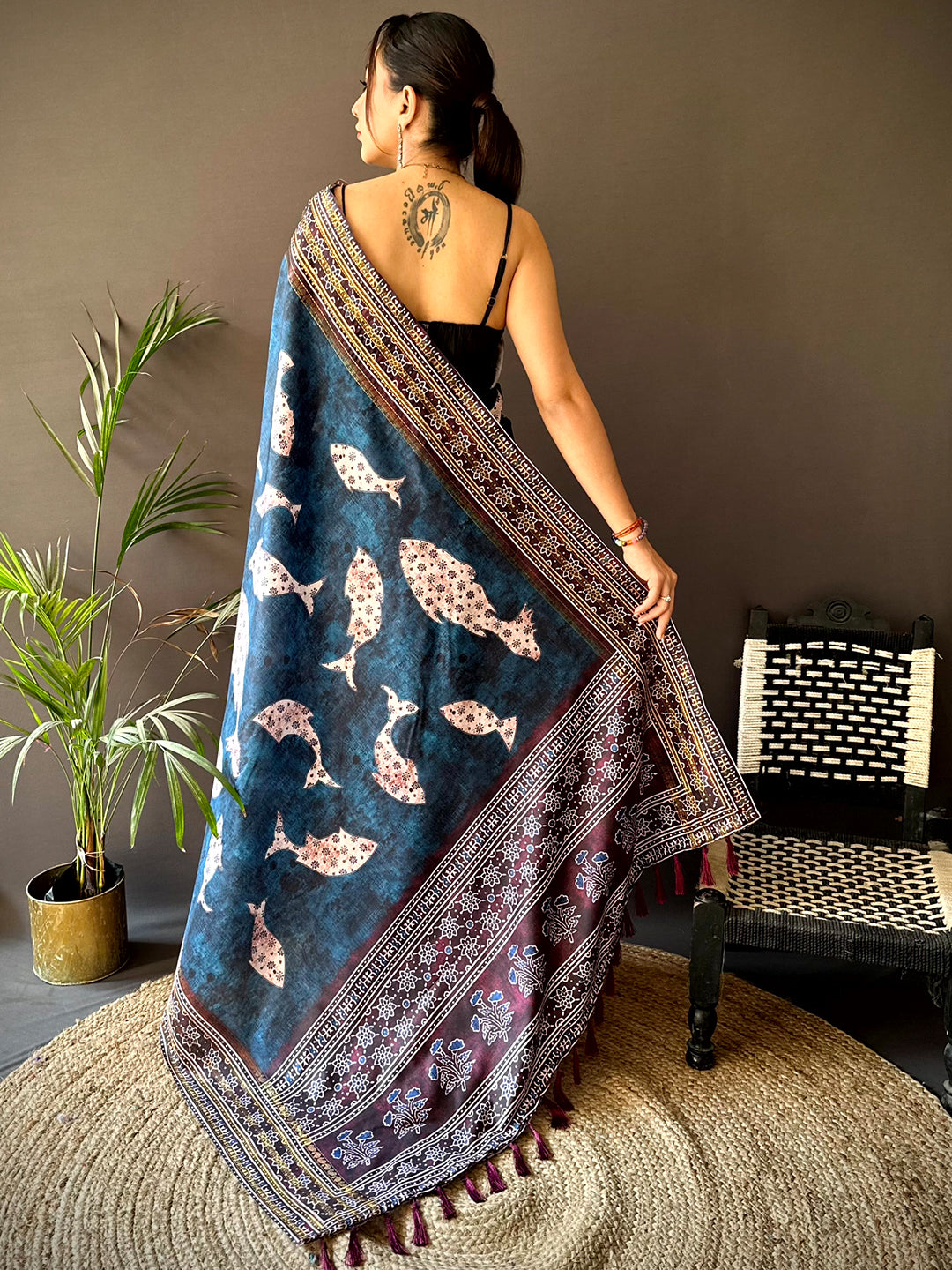 Dark Blue Soft Silk Fish Kalamkari Saree