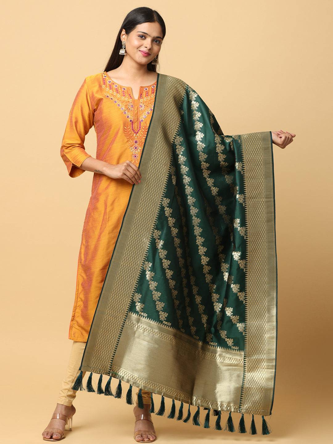 Bottle green woven dupatta with resham tassels, front view