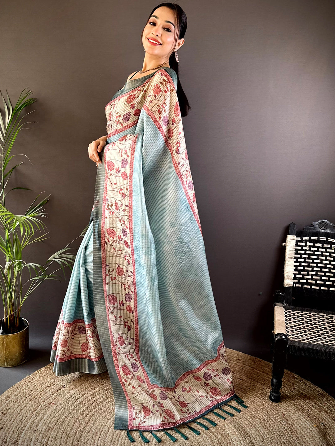 Sky Blue Soft Silk Floral Digital Saree