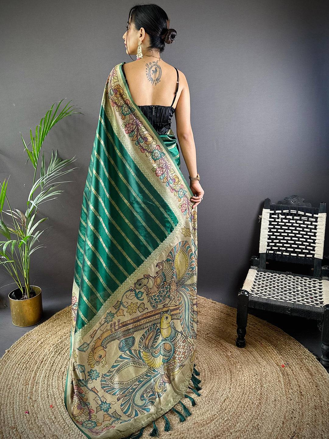 Green Geometric Zari And Kalamkari Silk Saree