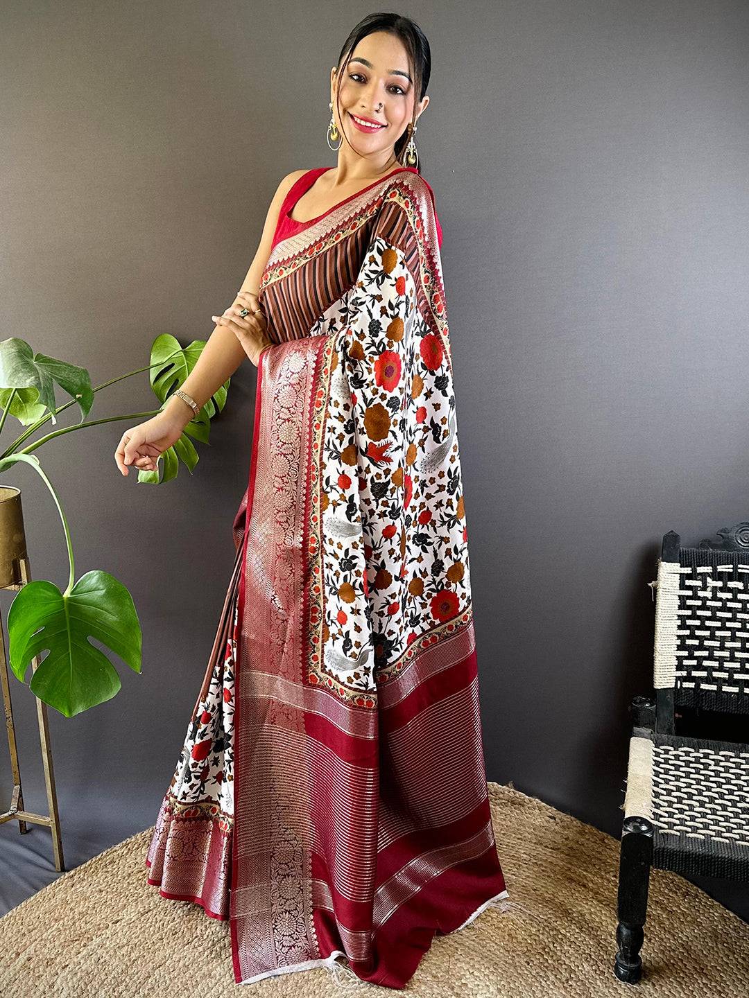 Brown Floral Peacock Fusion Saree