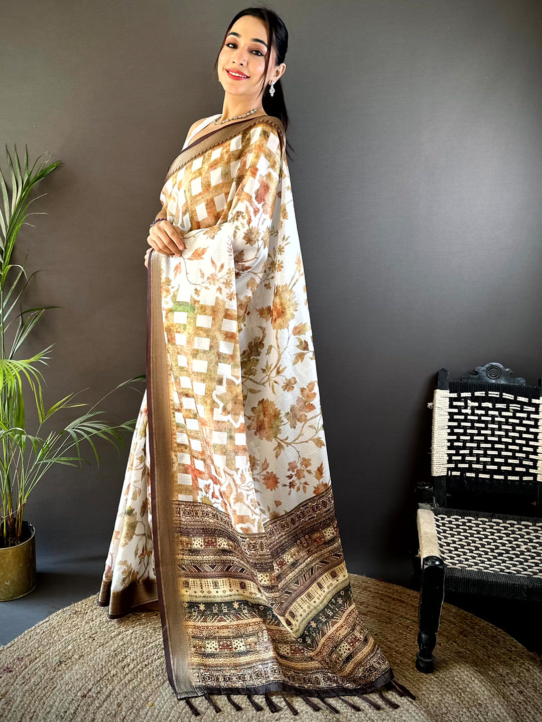 Coffee Brown Kota Doriya Floral Print Saree