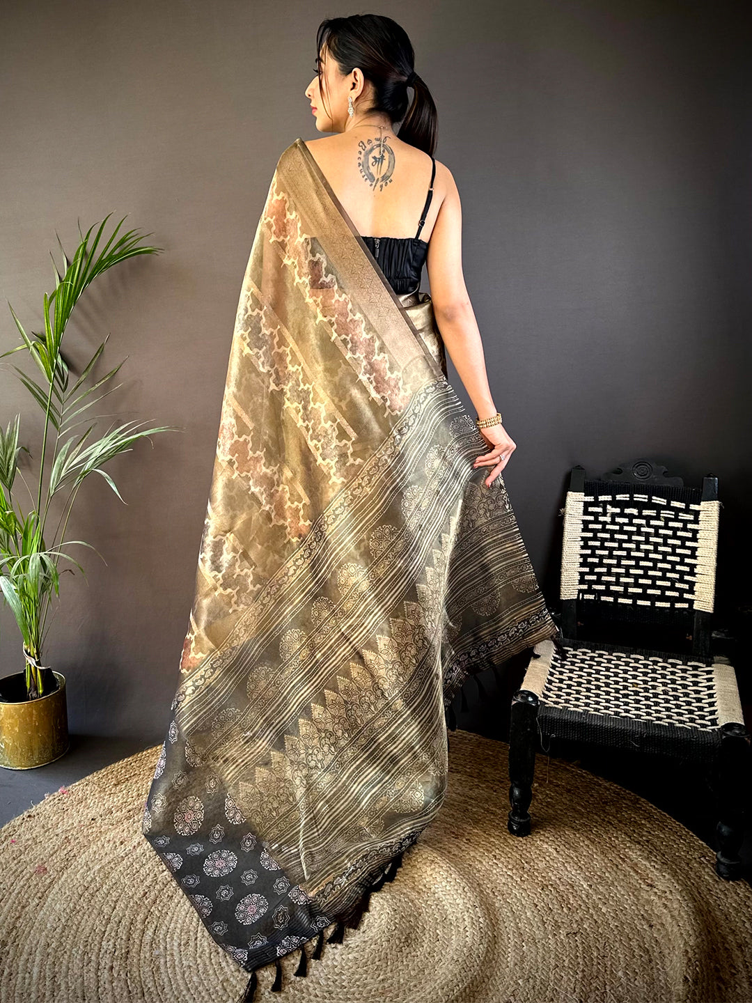 Light Chikku Tissue Striped Digital Printed Saree