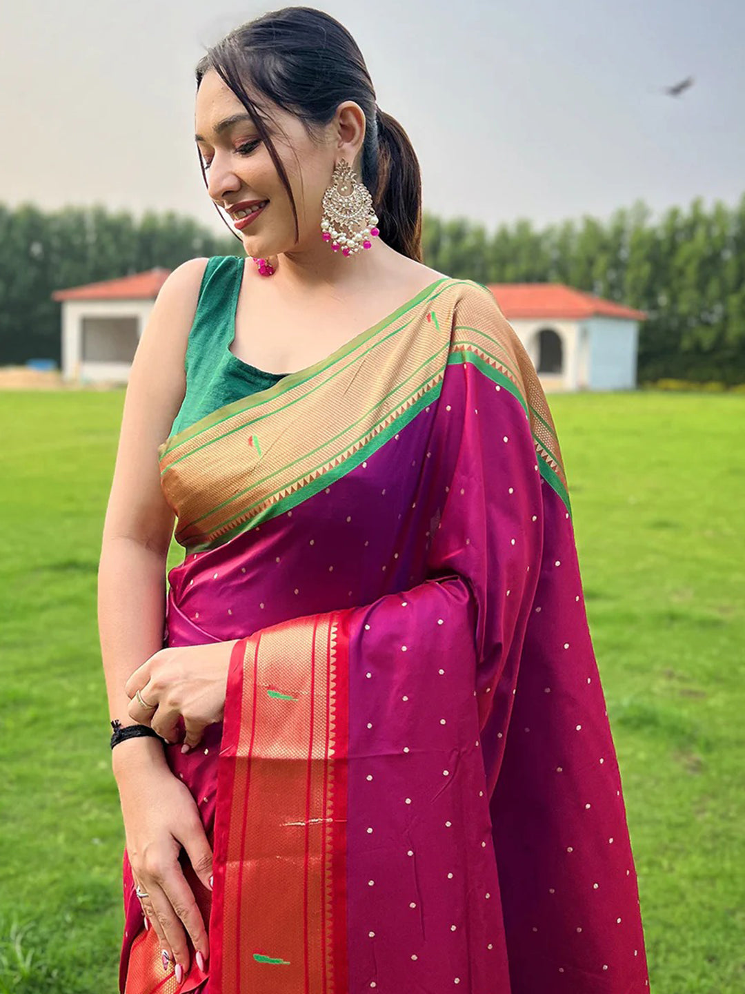 Wine Paithani saree with Ganga Jamuna border, elegant design