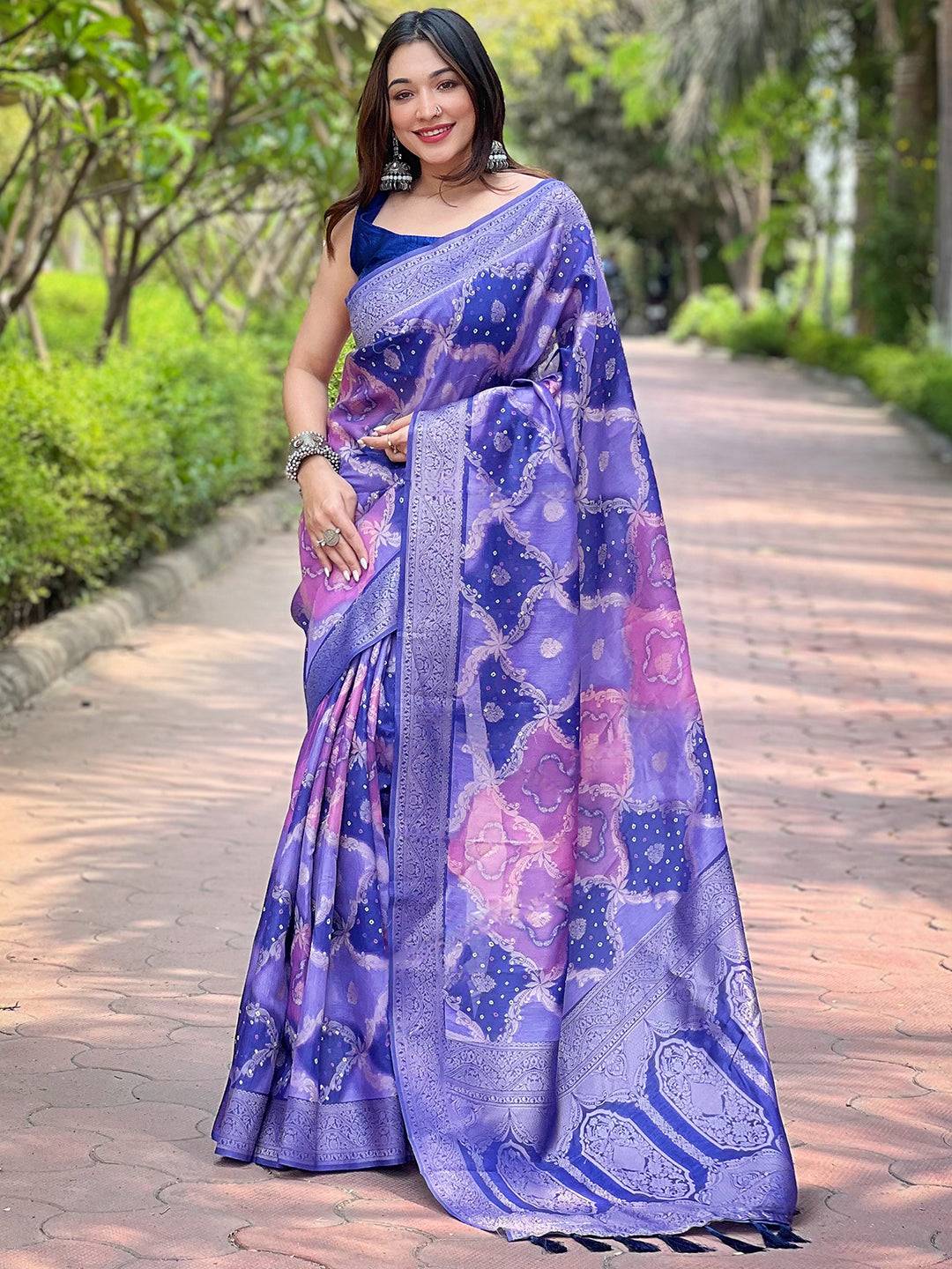 Purple Digital Block Placement Print Saree