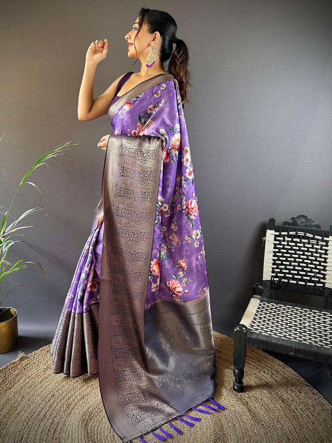 Purple Satin Silk Floral Print Saree