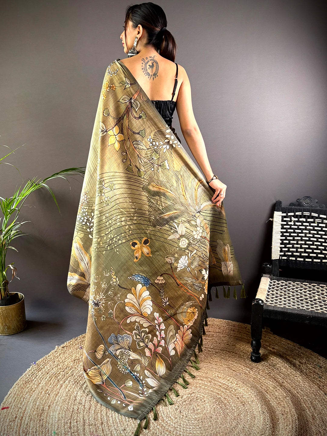 Olive Green Semi Gold Zari Botanical Tussar Saree