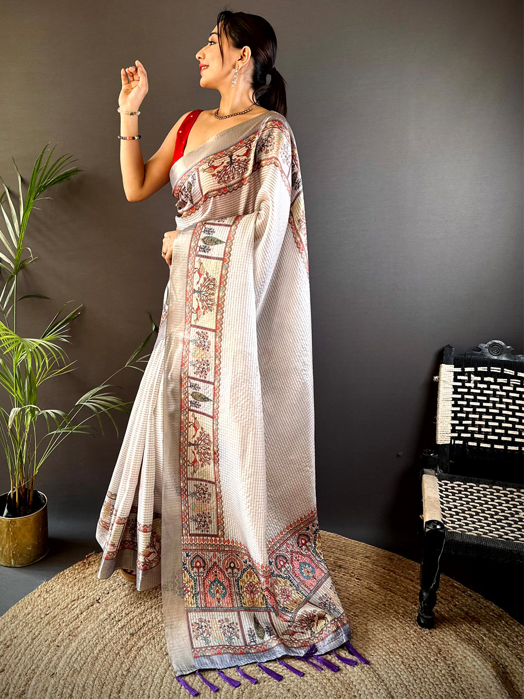 Graceful Off White Soft Silk Chex Saree