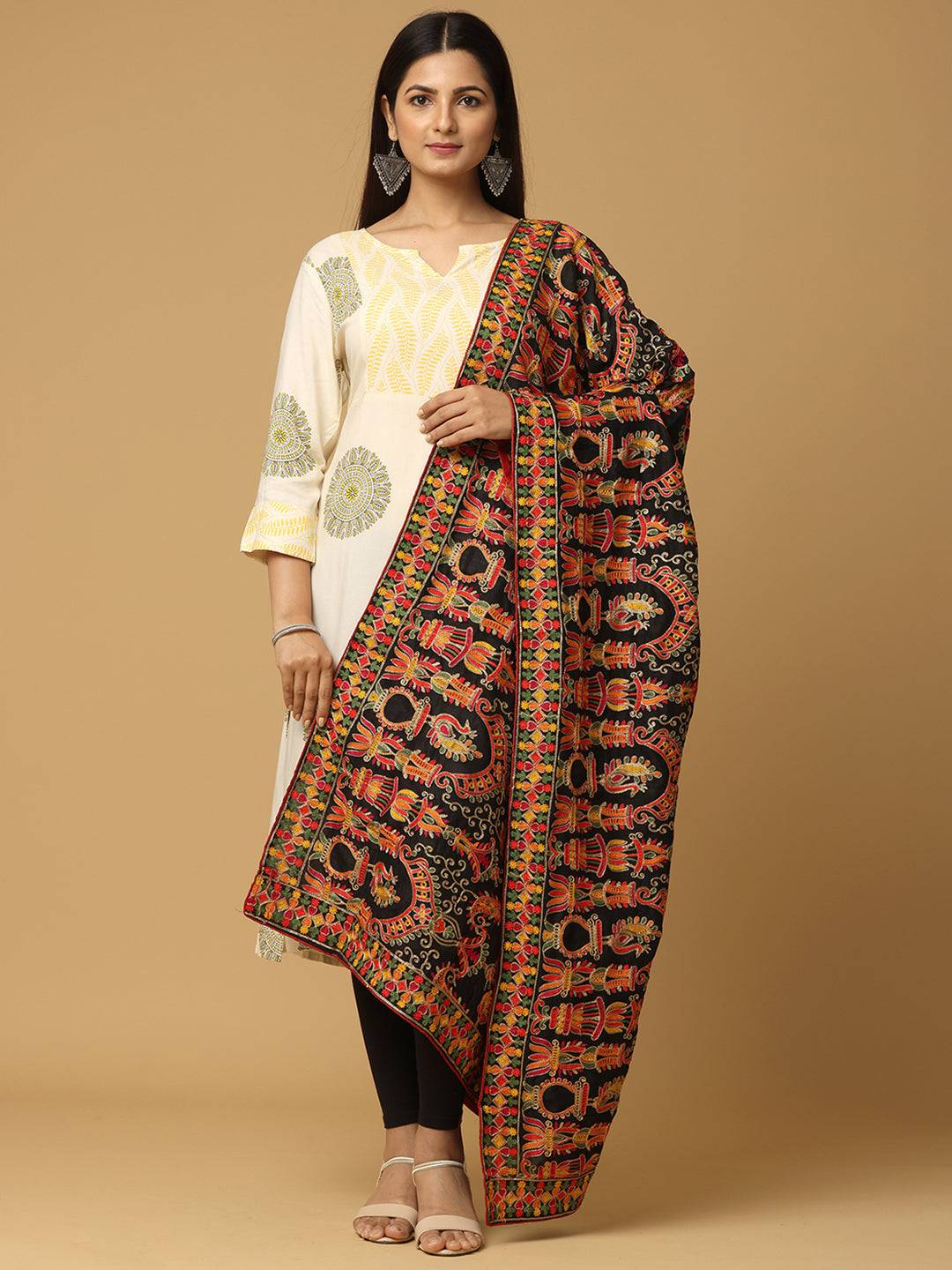 Front view of black pashmina dupatta with colorful motifs