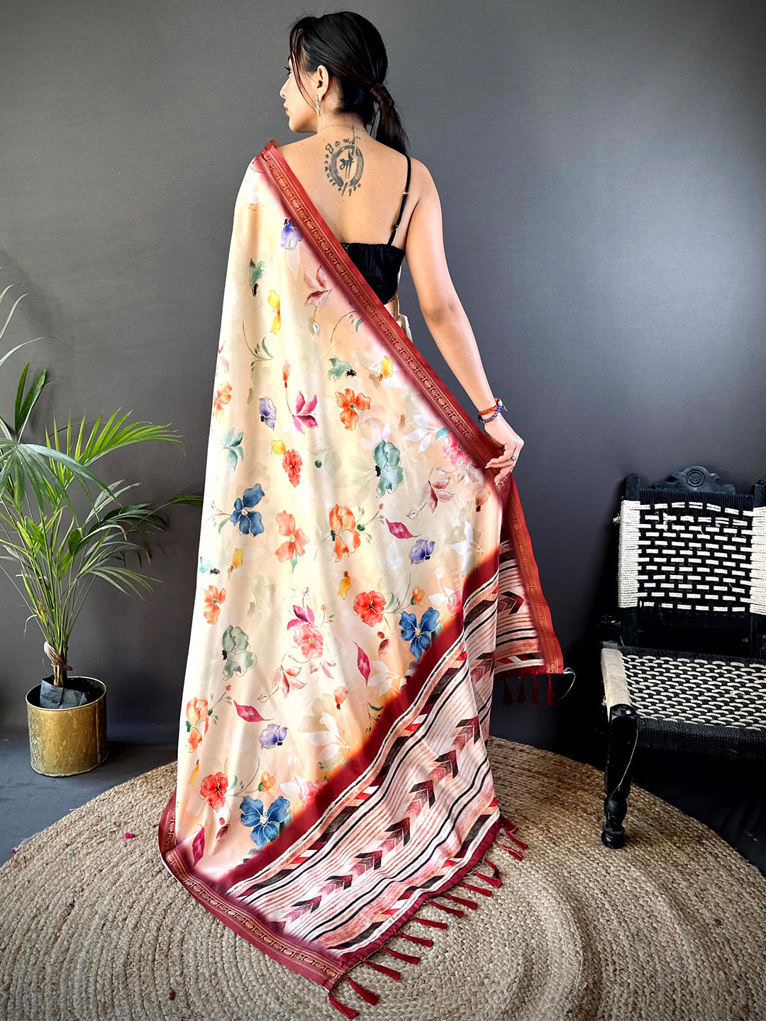 Peach Floral Digital Print Silk Saree